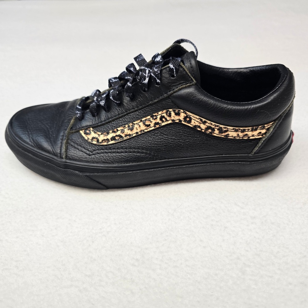 Vans Old Skool Black Tumbled Leather Leopard Print Sneakers Womens 8.5 - Picture 2 of 7